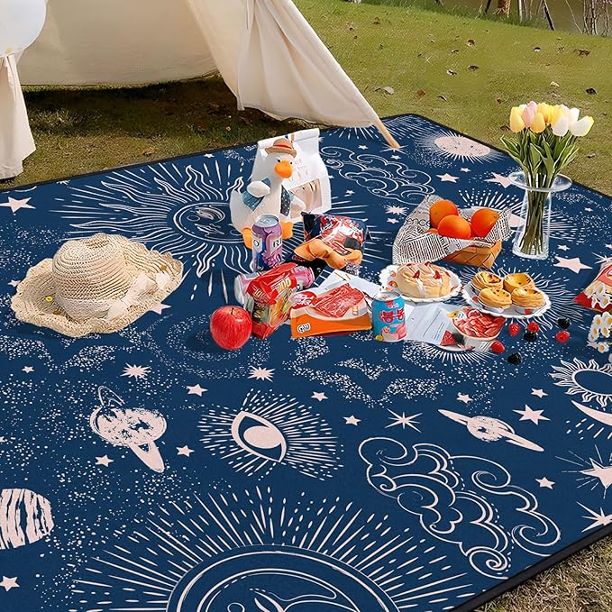 Gothic Picnic Blankets Waterproof Foldable,60″X80″Thick Picnic Mat Blue Outdoor Blanket for Grass, Sun and Moon Beach Blanket Sandproof Picnic Accessories for Camping Party Travel Park Lawn