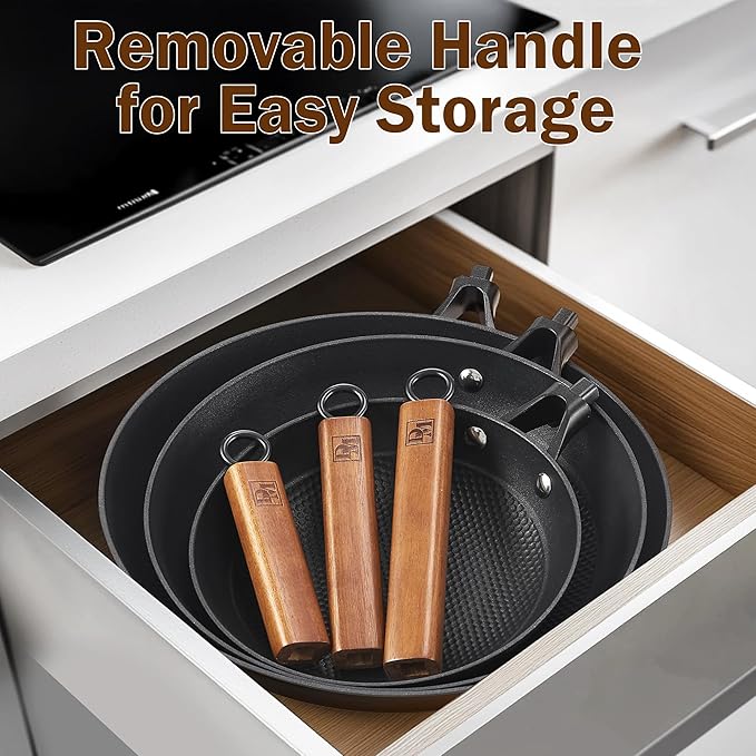 DM Cast Iron Skillet, 2 Piece Nonstick Frying Pan Set, 8 and 12 Inch with Detachable Acacia Wooden Handle, Honeycomb Non stick Omelet Egg Pan, Easy Clean Oven Safe Pans for Cooking