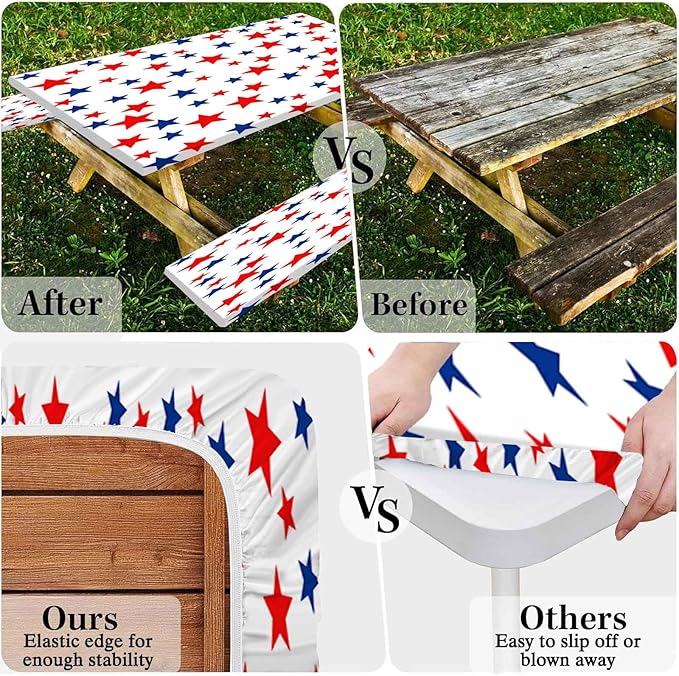 CAPSCEOLL Elastic Picnic Table Cover with Bench Covers 5Ft Waterproof Fitted Picnic Table Cover Cloths for Outdoors Camping Tablecloth with Drawstring Bag, 60X30in, Stars