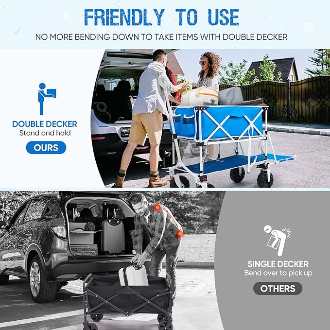 400L Collapsible Double Decker Beach Wagon with Brakes, Folding Beach Cart with 54" Extra Long Decker, 450LBS Heavy Duty Wagon Chart with All-Terrain Big Wheels for Sand Camping Garden