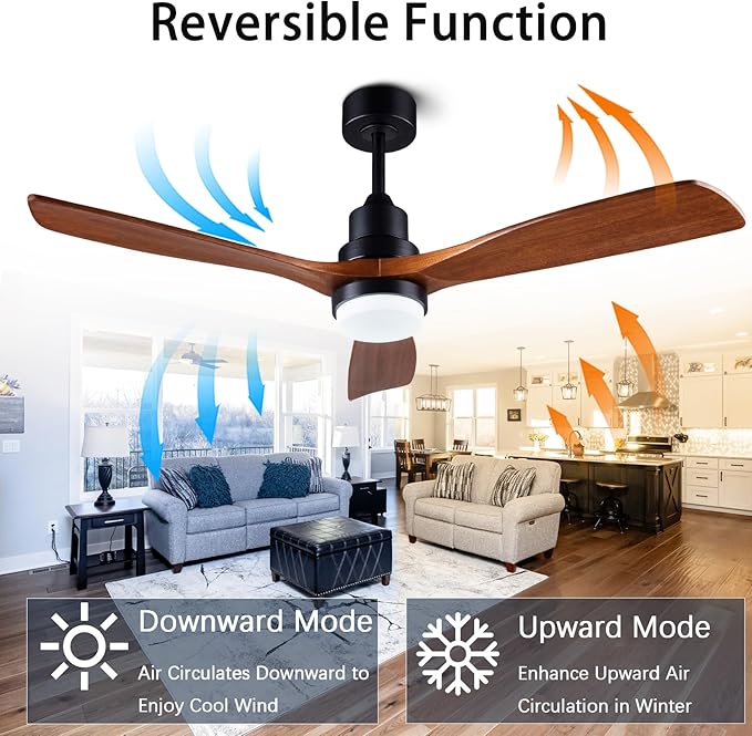 52" ceiling fans with light, solid wood ceiling fan with remote control and DC motor, LED dimming with memory function, 3 blades, suitable for living rooms, bedrooms, and dining rooms - black + walnut