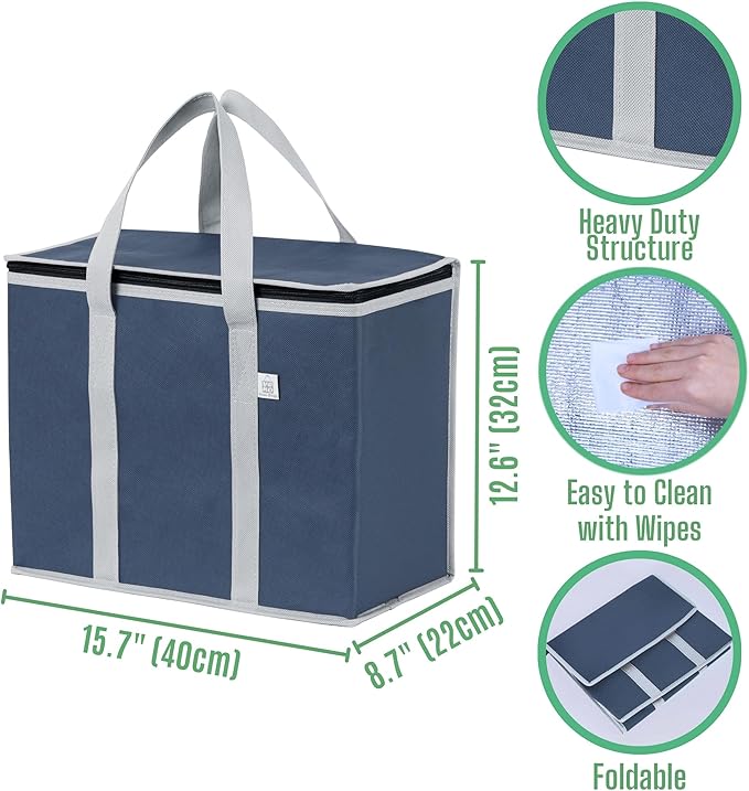 VENO 2 Pack Cooler Bag and Insulated Grocery Bags for Food Delivery, Collapsible Cooler, Reusable Shopping Bags for Groceries with Zipper, Foldable, Heavy-Duty, Stands Upright (Dark Blue, 2 Pack)