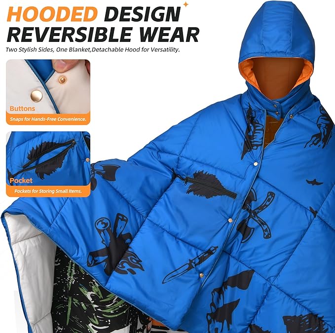 Puffy Camping Blanket with Detachable Hooded Snap-Poncho Waterproof Double-Sided Printed Reversible for Travel, Hike Cold Weather, Bear