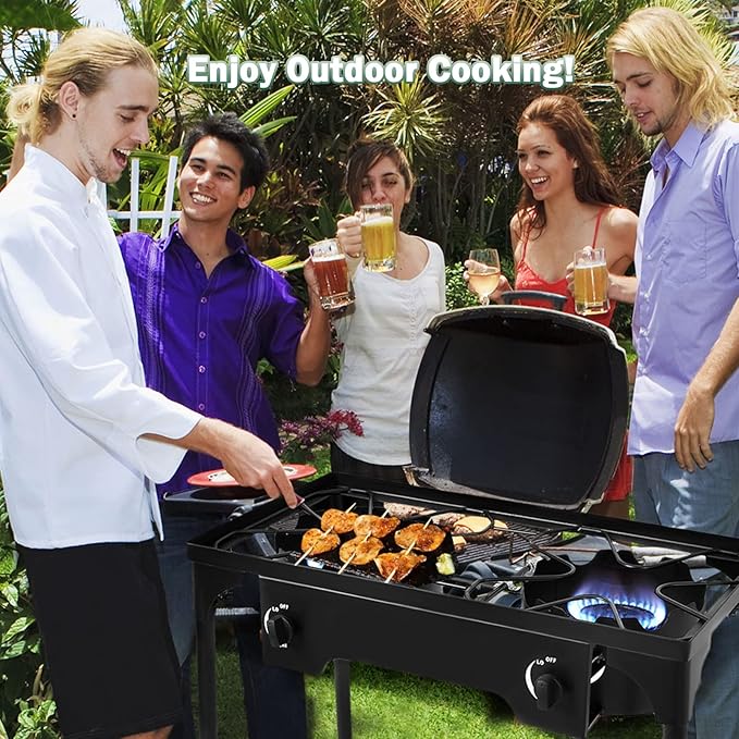 Goplus Outdoor Camping Stove, Dual Burner Propane Gas Cooker w/Detachable Legs & 0-20 PSI Regulator & CSA Approval for Camp Patio RV, Cast Iron, 150,000-BTU