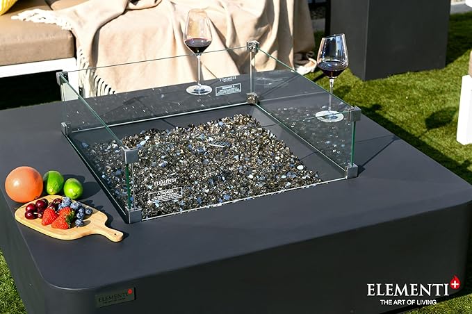 Elementi+ | Bergamo Gas Fire Pit Cast Concrete 42" Square Fire Table, Outdoor Fire Pit Electronic Ignition | Canvas Cover, Fire Glass and Burner Lid Included | Dark Gray | Propane Gas