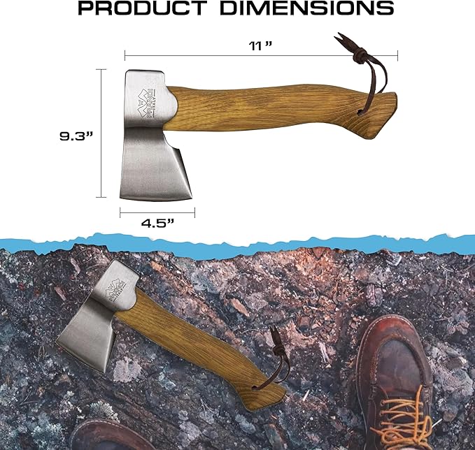 Prandi Axes Segurin C45 Forged Carbon Steel Hatchet - Hickory Handle with Leather String - Ideal for Camping, Travel and Bushcraft - S/N 3.059.04.CH - 11" L x 5.3" W, 400g Polished Head, No Sheath