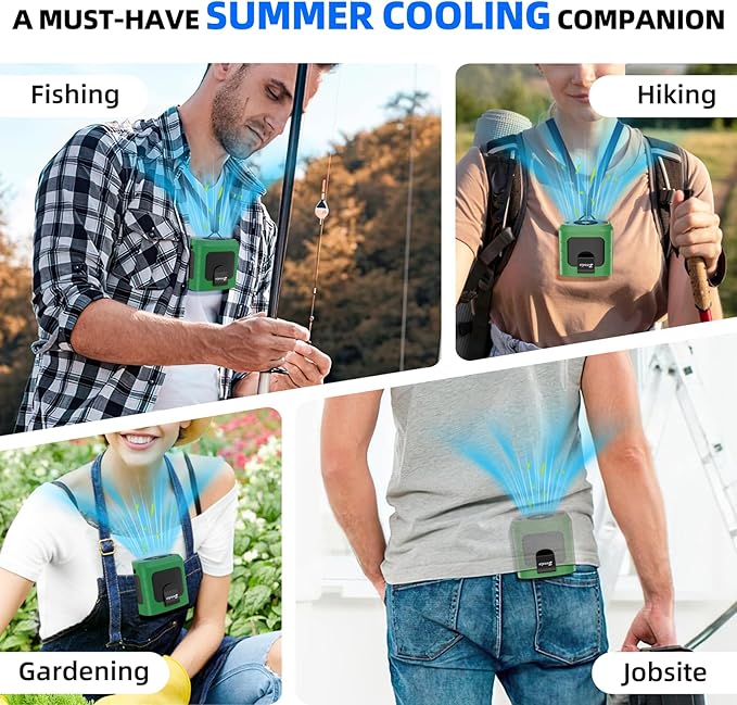 Zeadio Portable Waist Clip Fan, 3 Speeds 10000mAh Operated Hands-free Wearable Necklace Fan, with lighting function for Hot Flashes Home Office Travel Outdoor Sports - Green