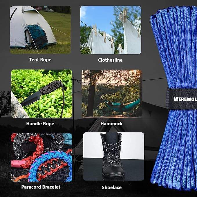 WEREWOLVES Reflective Paracord Rope 7 Strand Type III Parachute Cord 4mm 100ft / 200ft for Tent Camping Hiking Fishing Survival Tactical Clothesline DIY Projects