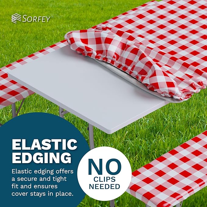Sorfey Picnic Table Cover with Bench Covers -Fitted with Elastic, Vinyl with Flannel Back, Fits for Table 30"x 72" Rectangle,Water Proof, Solid Grey Design