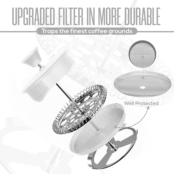 Utopia Kitchen French Press Espresso and Tea Maker with Triple Filters, Stainless Steel Plunger and Heat Resistant Borosilicate Glass (White, 34-oz (Pack of 1))