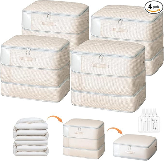 DIMJ Comforter Storage Bag - Large Capacity Ultra Space Saving Self Compression Organize for Duvet, Pillow, Bedding, Blanket Storage Organizer Nylon Compression Bags, Sheet Storage, Beige, 4 Pack