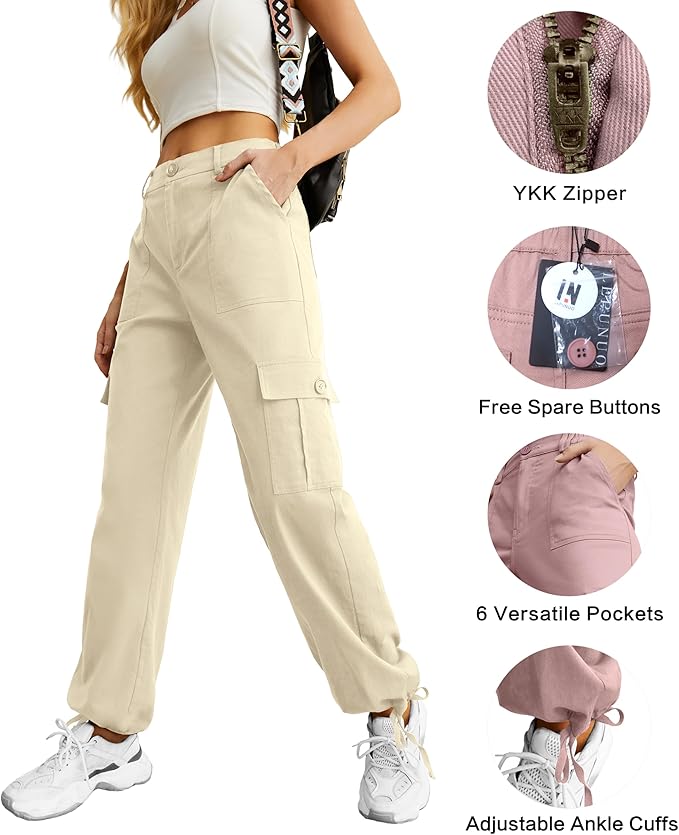Lepunuo Women's High Waisted Cargo Pants Travel Y2K Streetwear Baggy Stretchy Pants with 6 Pockets Drawstring Ankle Cuffs
