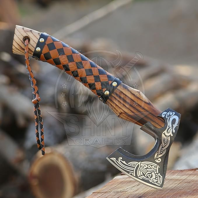 SHINY CRAFTS Viking Axe - Handmade Hatchet Norse Valhalla Runic Carbon Steel Head Engraved Handle Wolf Camp Axe With Genuine Leather Sheath & Wrap (SCA 03)