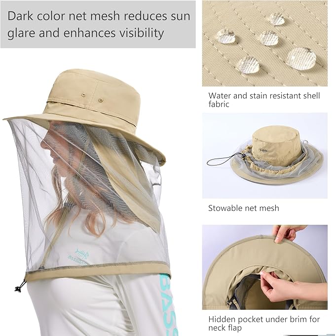 BASSDASH UPF 50+ Mosquito Net Hat with Stowable Neck Flap for Men Women Outdoor Fishing Hiking Camping Gardening FH17