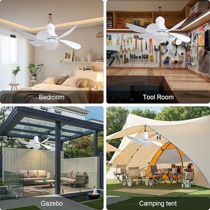 Portable USB Ceiling Fan with LED Light & Remote Control |4 Speeds,3 Light Modes,Timer |16.5 in Mini Size, 6 Detachable Blades|DC 5V Hanging Fan for Tent, RV, Camping,Patio & Home-Easy Install