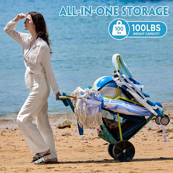 Beach Cart with Big Wheels for Sand, Collapsible All-Terrain Beach Wagon with Cooler Bag & Umbrella Holder, Large Mesh Storage, Supports 100lbs for Camping, Outdoor, Shopping, Palm Print