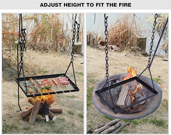 REDCAMP Swing Campfire Grill Stand - Collapsible Campfire Cooking Rack with 6 Hooks & Iron Grill Grate, Portable Dutch Oven Hanger for Outdoor Camping, Cookware, Bonfire, Rectangle