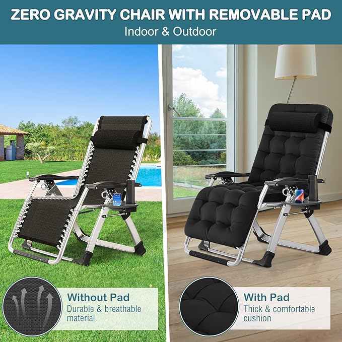 NAIZEA Padded Zero Gravity Chair, Folding Outdoor Lounge Chairs, Adjustable Reclining Camping Chairs with Cup Holder, Ergonomic Patio Lawn Chair for Balcony Beach Deck Yard
