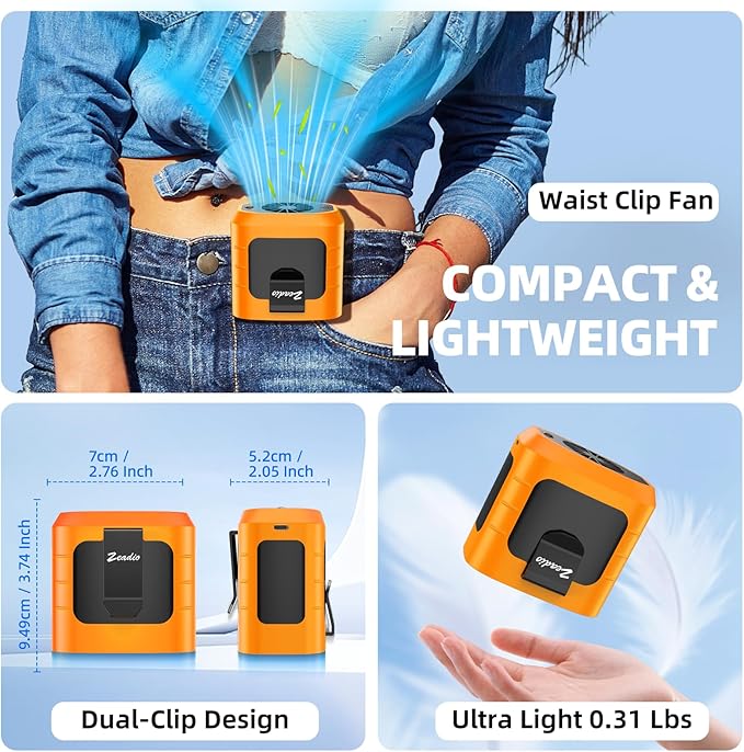 Zeadio Waist Clip Fan, 3 Spreed 10000mAh Operated Hands-free Wearable Necklace Fan, with lighting function for Hot Flashes Home Office Travel Outdoor Sports - Orange