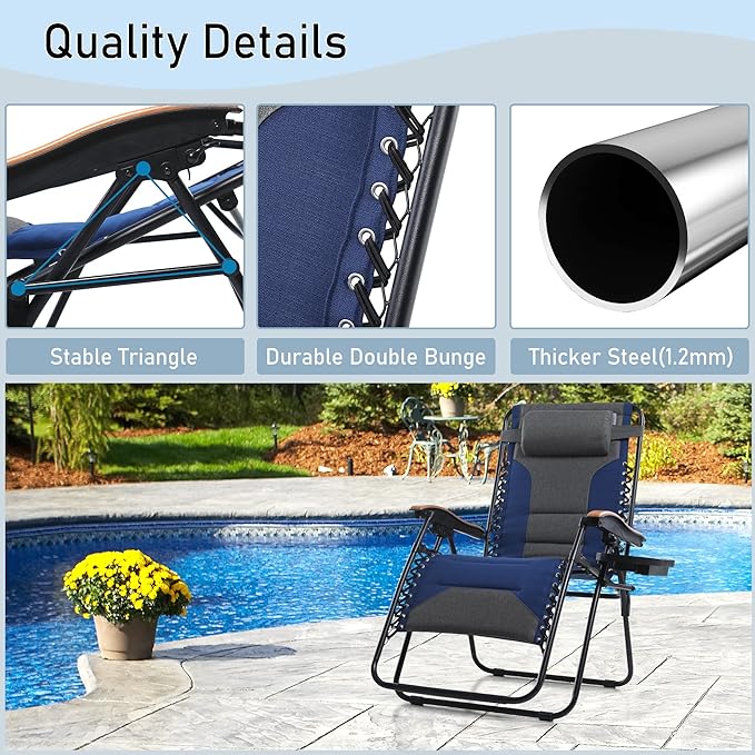 PHI VILLA XXL Oversized Padded Zero Gravity Chair, Foldable Patio Recliner, 30" Wide Seat Anti Gravity Lounger with Cup Holder, Set of 2, Support 400 LBS (Thumb Blue)