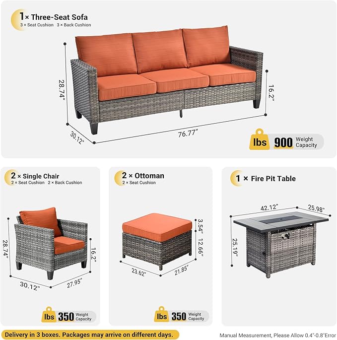 ovios 6 Pieces Patio Furniture Set with 42" Fire Pit Table, Outdoor Wicker Sofa with Comfy Cushions, All Weather High Back Rattan Couch Conversation Set, Orange Red