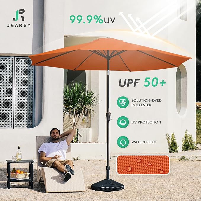 JEAREY 10FT Outdoor Patio Umbrella Outdoor Table Umbrella with Push Button Tilt and Crank, Market Umbrella 8 Sturdy Ribs UV Protection Waterproof for Pool, Garden (Orange Red)
