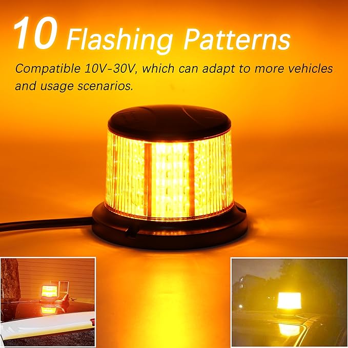 64LEDs Amber Strobe Lights for Trucks, 12-24V Safety Flashing Warning Light, 10 Modes Amber Emergency Lights for Vehicles, Magnetic Beacon Light for Trucks Vehicles Cars