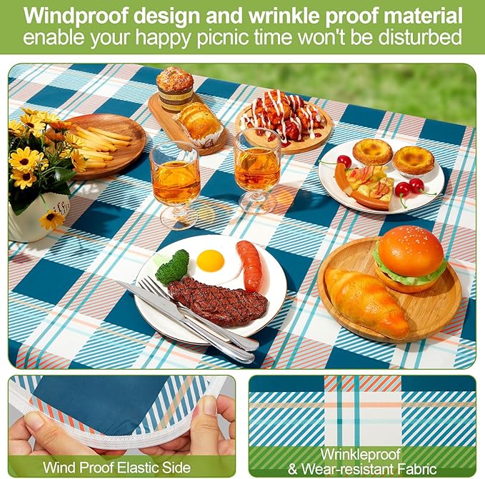 Picnic Table Cover with Bench Covers Camping Essentials Waterproof Windproof Camping Tablecloth with Drawstring Bag, Fitted Rectangle Tables and Seats, 72in, Green Checkered