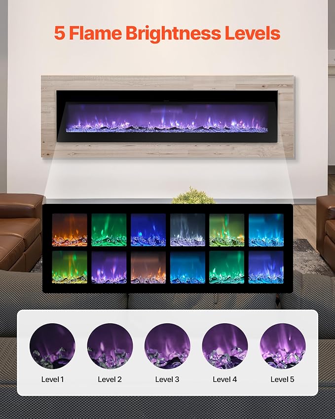 VEVOR 60 inch Electric Fireplace, Wall Mounted Recessed Fire Place with Remote Control, Timer, 1500W, Adjustable Flame Color Brightness, Touch Screen, Overheat Protection, for Living Room,Bedroom