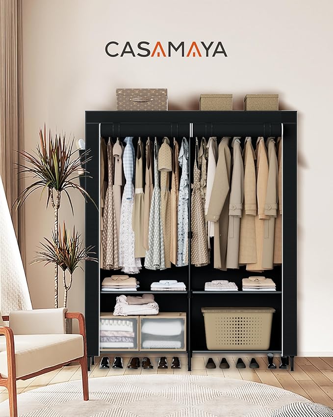 Portable Closet, 54.3 Inch Large Capacity Wardrobe Closet with Cover, Clothes Storage Organizer with Shelves and 2 Hanging Rods, Easy to Assembly, Black PCT102B01