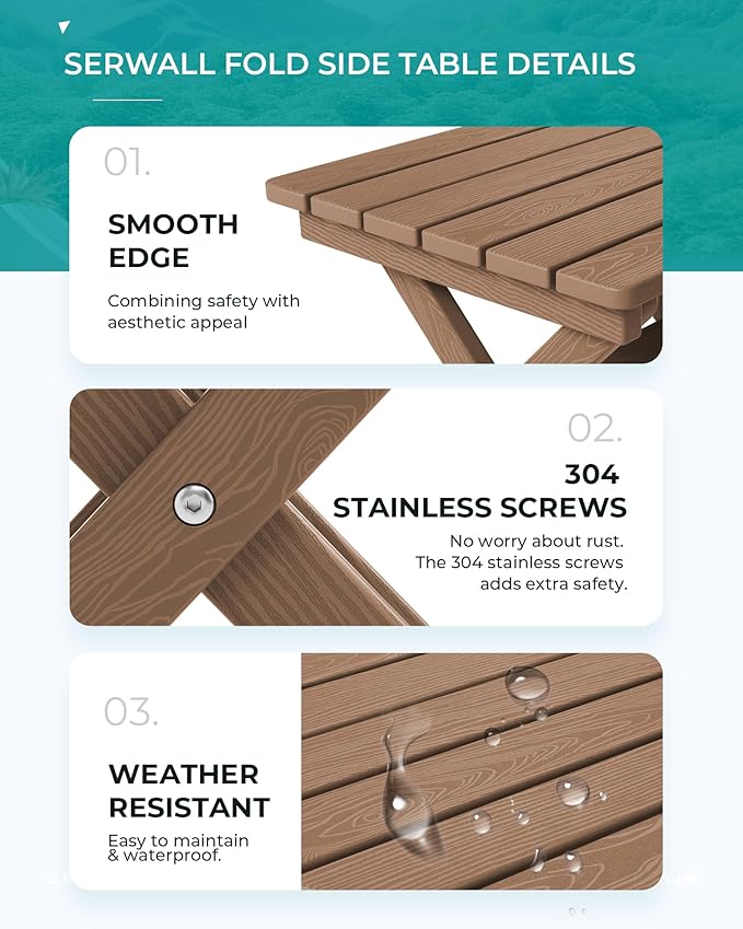 SERWALL Folding Outdoor Side Table, HDPE Adirondack End Table, No Assembly Required Small Table for Indoor and Outdoor Use, Brown