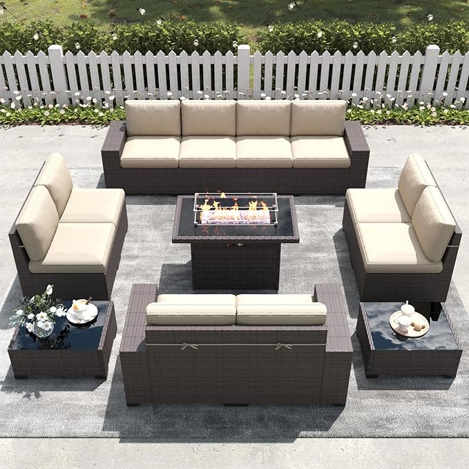LayinSun 13 Pieces Outdoor Patio Furniture Set with 44" Fire Pit Table Brown Rattan Sectional Sofa Conversation Sets