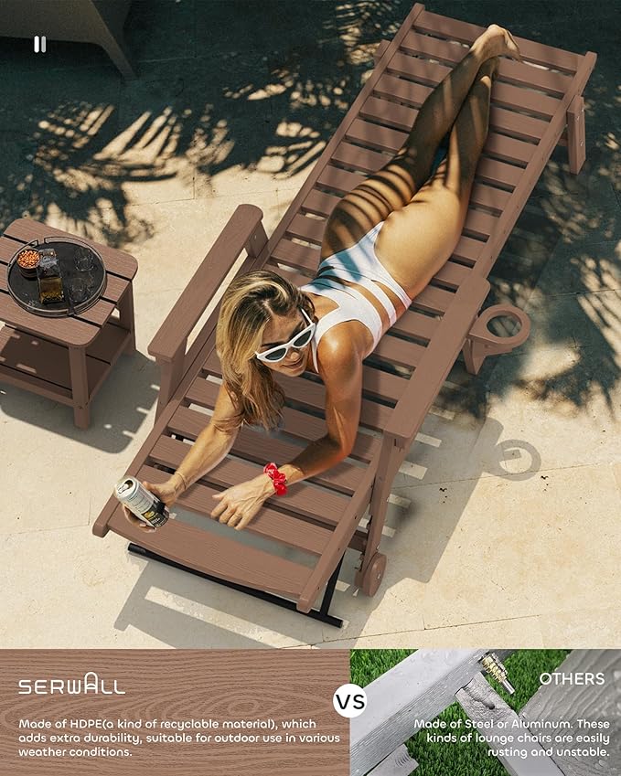 SERWALL Patio Chaise Lounge Chair Set of 2, 78'' Long HDPE Outdoor Lounge Chair, 5 Positions Adjustable Poly Lounge Chair with Rolling Wheels & Cup Holder for Pool, Brown