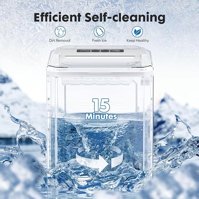 DUMOS Countertop Ice Maker, Portable 1.5L Ice Machine with Self-Cleaning, 26.5lbs/24H Fast Ice Making, 9 Bullet Ice Cubes in 6 Mins, 2 Size Options, Quiet Compact Ice Maker, White