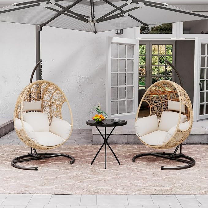 Hanging Egg Chair with Stand - Egg Swing Chair Outdoor Indoor Patio Wicker Chair Swing Hammock Egg Chairs 400lbs Capacity for Outside Patio, Bedroom, Garden and Balcony (Beige-nest, 2P)