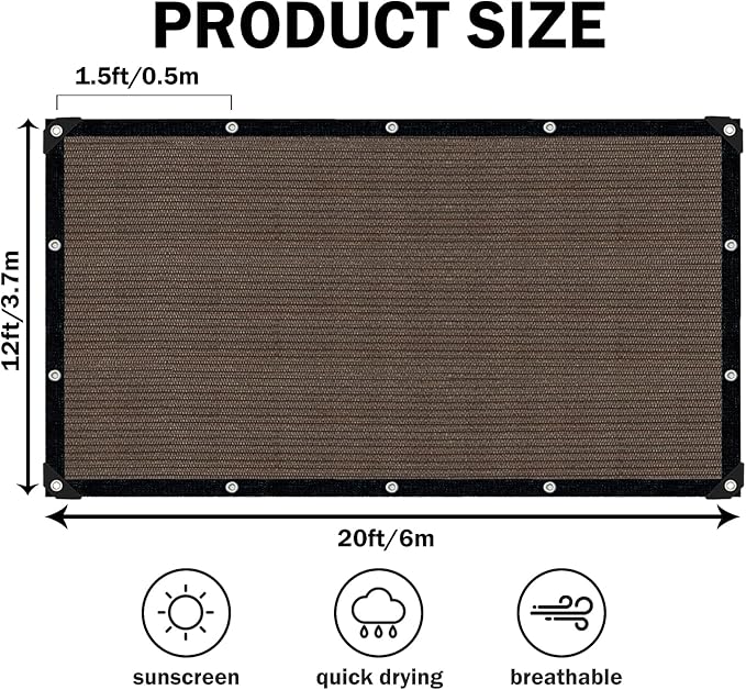 Sun Shade Cloth with Grommets,90% UV Protection Shade Fabric,Pergola Shade Cover Canopy Fence Privacy Screen Balcony,Brown Sunshades for Patio Pergola Garden Backyard Outdoor,Mocha-12x20FT