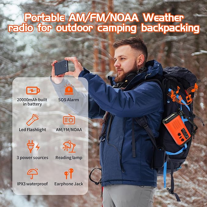Emergency Weather Radio, 20000mAh Solar Radio, Hand Crank Radio with AM/FM/NOAA, Portable Radios with Flashlight & Reading Lamp, Earphone Jack, SOS Alarm, Phone Charger for Indoor Outdoor Emergencies