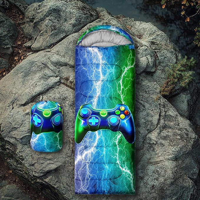 Axolotl Blue Gamepad Sleeping Bag,Waterproof Lightweight Gaming Sleeping Bag Game Console Camping Bag for Boys Teens,Warm and Cool Weather Green Portable Sleeping Bag for Camping Outdoor Indoor