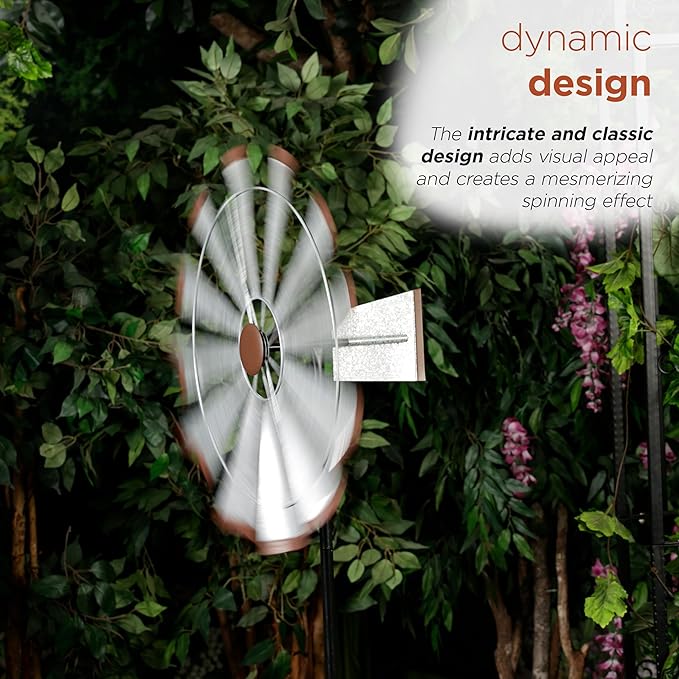 Alpine Corporation SLL2652SL 85" Metal Windmill Garden Stake, Large Outdoor Wind Spinner for Yard, Lawn, Patio, or Garden with Durable Iron Construction, Silver