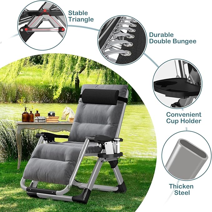 NAIZEA Padded Zero Gravity Chair, Folding Outdoor Lounge Chairs, Adjustable Reclining Camping Chairs with Cup Holder, Ergonomic Patio Lawn Chair for Balcony Beach Deck Yard