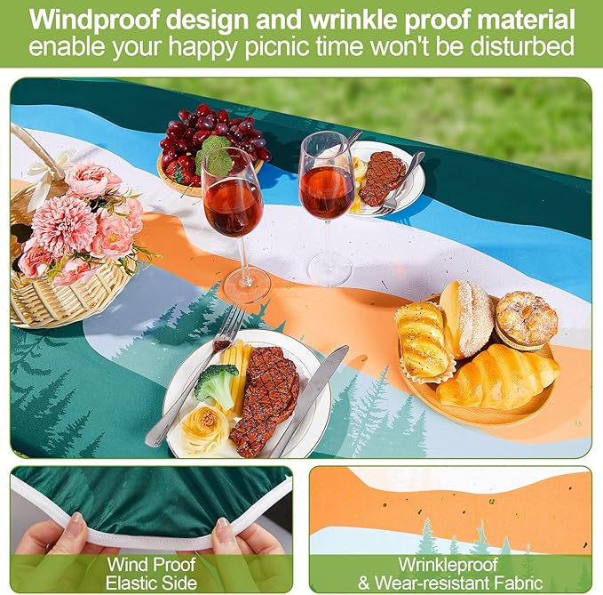 Picnic Table Cover with Bench Covers Camping Essentials Waterproof Windproof Camping Tablecloth with Drawstring Bag, Fitted Rectangle Tables and Seats, 96in, Orange Blue