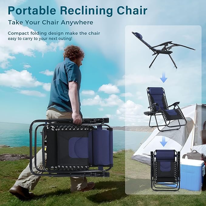 MFSTUDIO Padded Zero Gravity Recliner Chair Set of 2, Folding Patio Lounge Chairs with Adjustable Pillows & Cup Holder for Poolside Backyard, Support 350lbs(Blue)