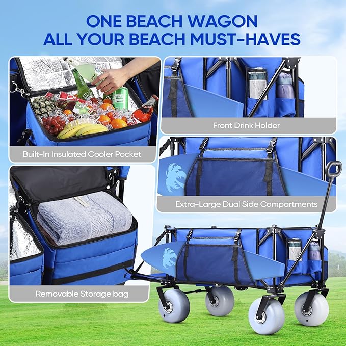 Beach Wagon with Big Wheels for Sand,260L Extra Large Beach Cart with 9" All-Terrain Balloon Wheels, Heavy Duty Folding Wagon, Adjustable Handle,450lb Capacity for Outdoors & Fishing