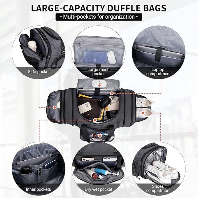 WITZMAN Duffle Bag for Men Nylon Large Gym Weekender Bag with Shoe Compartment Expandable Carry on Overnight Bag(B695 Silvery Grey)