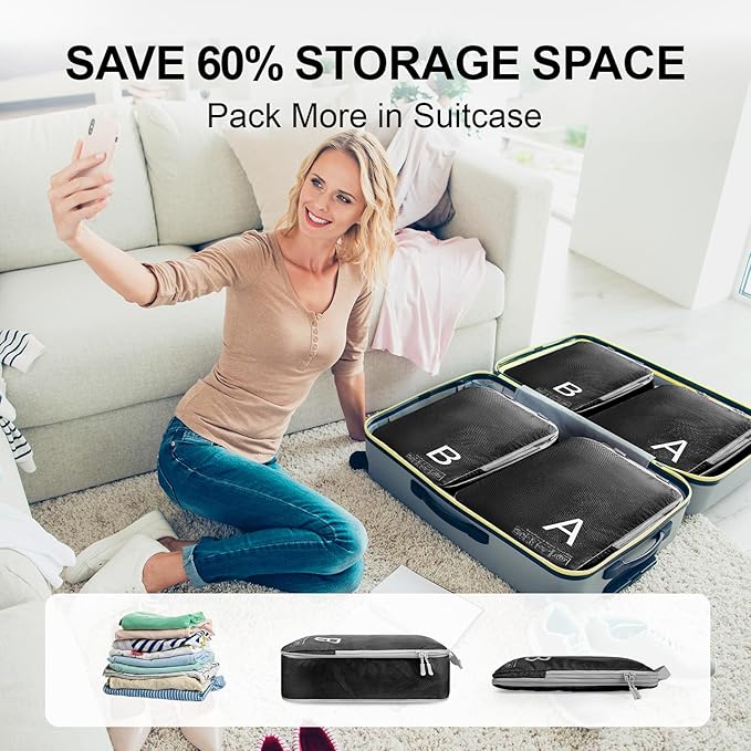 Compression Packing Cubes for Travell Fabric Packing Cubes with Smooth Zippers, Space-Saving Compression Bags for Travell, Luggage Organizers for Clothes, Shoes, and Accessories