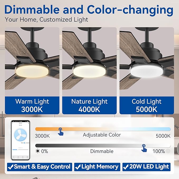 42Inch Smart Ceiling Fan with Lights Remote,APP&Voice Alexa WIFI Controled,Quiet Reversible DC Motor,Dimmable LED,Indoor Outdoor,Small Modern Ceiling Fan,for Bedroom Patio Porch,Black&Walnut