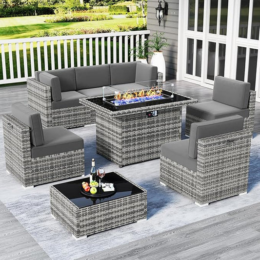 LayinSun 8 Piece Patio Furniture Set with Fire Pit Table, Outdoor Conversation Sets Wicker Rattan Sectional Sofa with Coffee Table