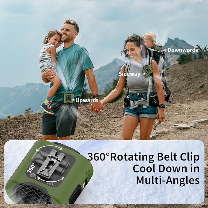 Socool 14500mAh Portable Waist Fan Clip on Belt 360 Rotation Wearable Rechargeable Personal Shirt Fan, 67H Cooling 5-Speed Battery Operated with Light, Neck Fan Hands-Free for Outdoor Jobsite Camping