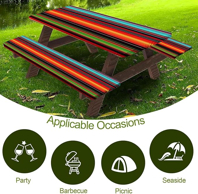 CAPSCEOLL Elastic Picnic Table Cover with Bench Covers 5Ft Waterproof Fitted Picnic Table Cover Cloths for Outdoors Camping Tablecloth with Drawstring Bag, 60X30in, Colorful Stripes