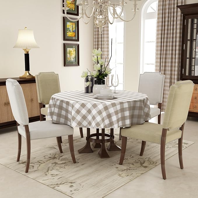 misaya Round Waterproof Vinyl Table Cloth, Buffalo Flannel Backed Tablecloth, Wipeable Plastic Table Cover for Dinner, Kitchen, Picnic (60", Khaki and White)